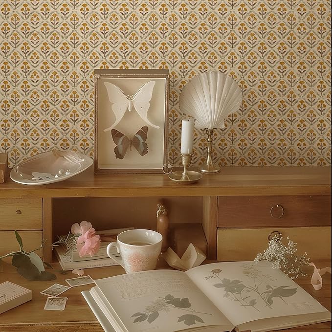 Dimoon 787.4"x17.3" Peel and Stick Wallpaper Floral Cute Contact Paper Vintage Village Country Cottage Wallpaper Farmhouse Yellow Beige Renter Friendly Geometry Waterproof Embossed Kitchen Bedroom - Image 8