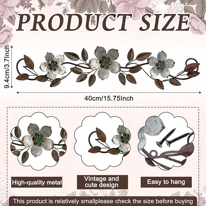 Wesiti Metal Flower Wall Decor Wrought Iron Scroll 15.7x3.7,Silver Gray | Vintage Metal Flower decor,Farmhouse Leaf Art with Nails, Flat Not 3D Design, For Bedroom Kitchen Indoor Outdoor Wall Decor - Image 2