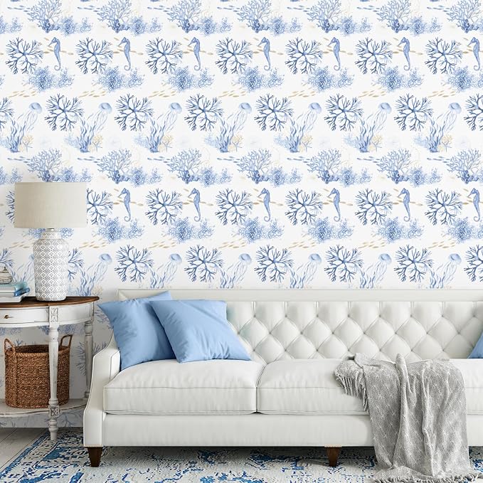RUSPEPA Peel and Stick Wallpaper, Blue Ocean Theme with Coral Reef and Marine Life Design, Coastal Self-Adhesive Waterproof Contact Paper for Cabinet, Bathroom, Bedroom Decor, 17.3 Inch x 6.5 Feet - Image 4