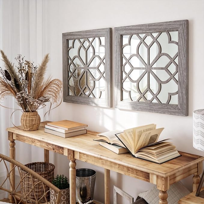 Set of 2 14 Inch Square Maroon Window Pane Wall Mirrors, Shatterproof Rustic Farmhouse Boho Vintage Accent Mirrors for Living Room Bedroom Bathroom Entryway by HMANGE