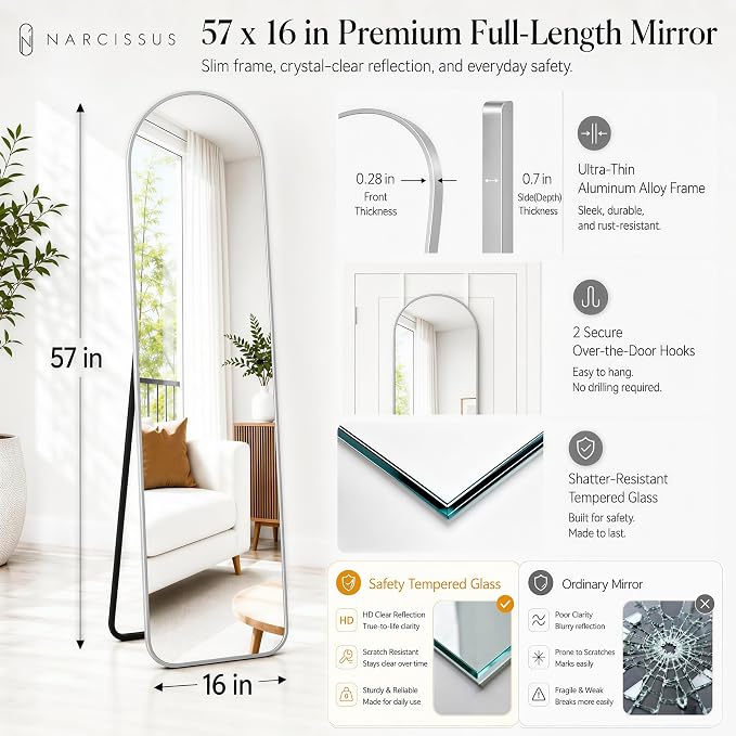 NARCISSUS Full Length Mirror 57x16 Inch, Over The Door Mirror with Stand, Wall Mounted or Freestanding/Door Hanging Full Body, Aluminum Alloy Frame, Silver - Image 2