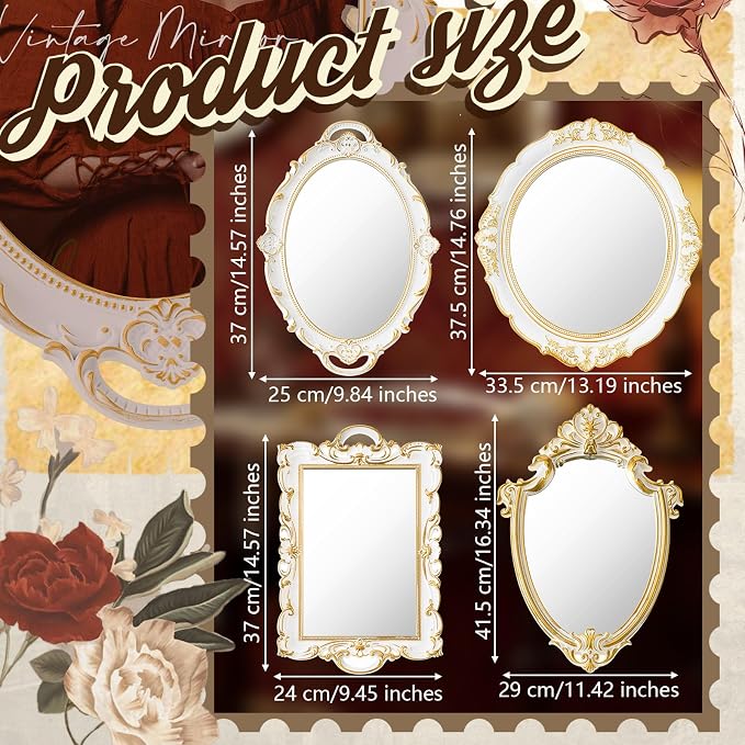 Beeveer 4 Pcs Vintage Gold Wall Mirror Set Luxury Gallery Wall Mirror Decorative Hanging Antique Decor for Living Room Entryway Wedding Bedroom Bathroom Victorian Decor (Elegant,White) - Image 2