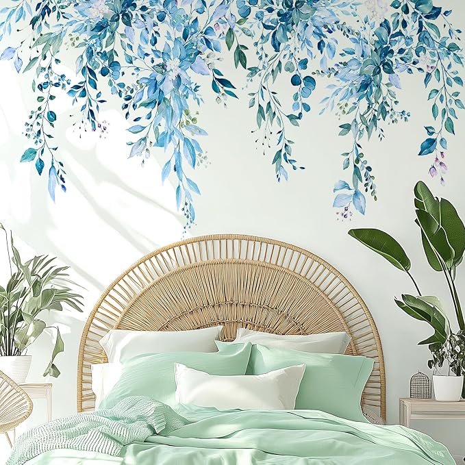 Blue Plants Leaves Wall Decals Peel and Stick, Large Floral Flowers Vinyl Wall Stickers, Removable Vine Home Decor Art for Bedroom Living Room Classroom Office - Image 4