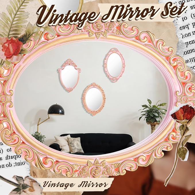 Beeveer 3 Style Vintage Mirrors Set Decorative Oval Wall Mirror Small Antique Mirrored Tray Decorative Hanging Mirror for Bathroom Bedroom Jewelry Organizer Victorian Decor (Shield,Pink) - Image 5
