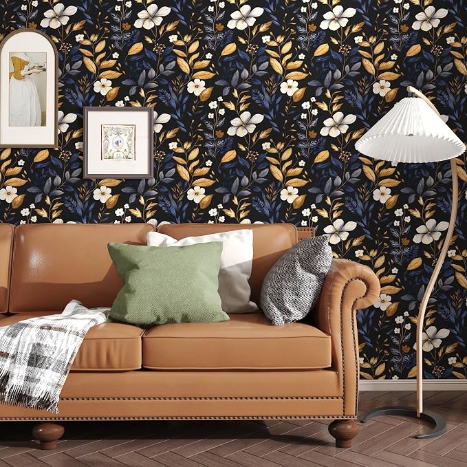 Laatse Vintage Dark Blue Gold Floral Peel and Stick Wallpaper 17.5"x118" | Self Adhesive/Removable/Waterproof/Thick Vinyl Contact Paper for Bathroom Bedroom Shelf Cabinet Drawer,Prepasted,Easy Peel - Image 3