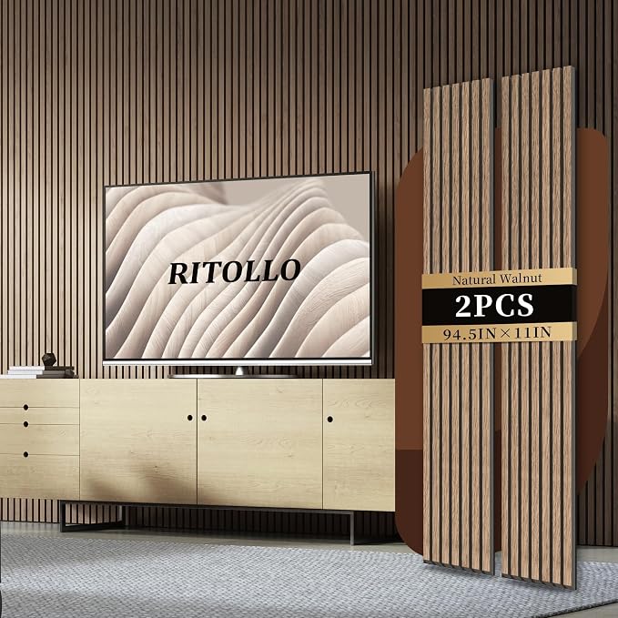 RITOLLO Wood Slat Panels for Wall 2-Piece 94.5"×11" Acoustic Panels for Interior Wall Decor 3D Fluted Sound Absorbing Panel - Natural Walnut | Interior Wall Décor • 3D Fluted Design • Sound Absorbing • Easy Installation • Lightweight by Ritollo