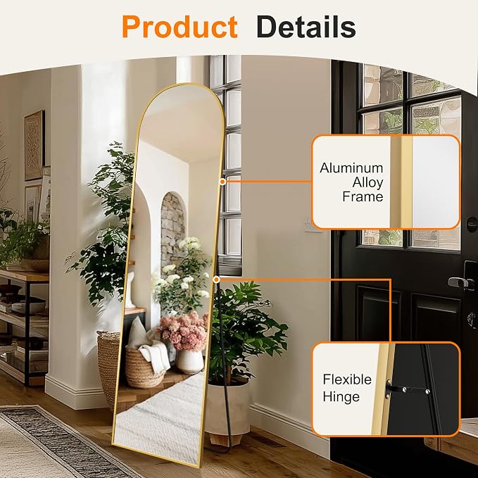 Arched Full Length Mirror, 56"x15" Standing Body Mirror for Wall, Gold - Image 8