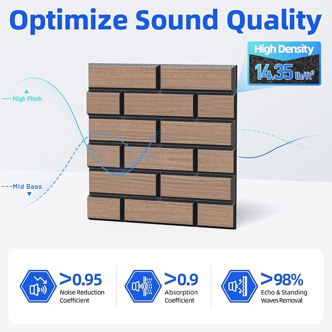 Self-Adhesive Acoustic Panels High Density Sound Proof Foam Panels for Wall | 16 Pack Brick Soundproof Wall Panels, 12" x 12" x 0.4" Sound Dampening Absorbing Panels for Home Studio Decor Office -Walnut - Image 3