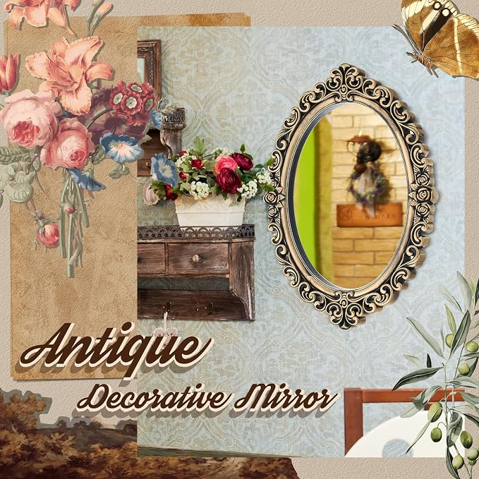 Beeveer 3 Style Vintage Mirrors Set Decorative Oval Wall Mirror Small Antique Mirrored Tray Decorative Hanging Mirror for Bathroom Bedroom Jewelry Organizer Victorian Decor (Shield,Antique Gold) - Image 5