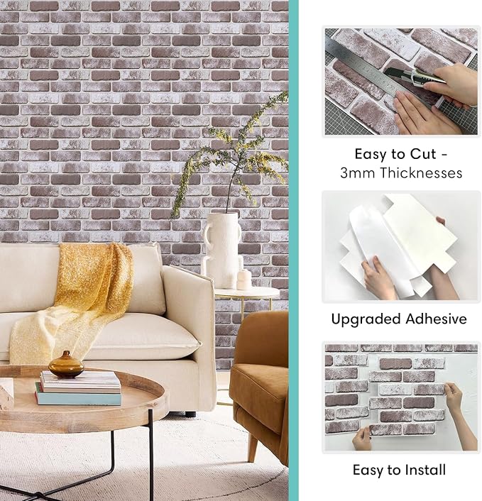 Commomy Faux Brick Wall Panels Peel and Stick Thin PVC 10 Pcs 11.8" x 11.8" | Small Size Thin PVC Quick Wall Covering Home Decor for Kitchen,Fireplace,Home Office (Covers 9.7 sq.ft) - Image 6