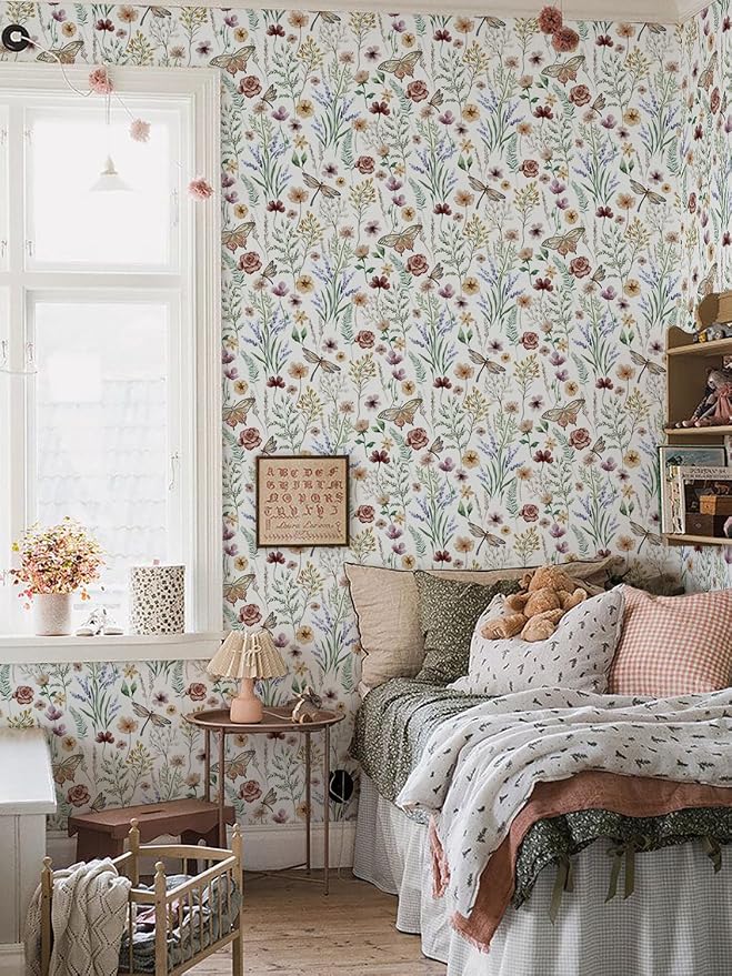 Orainege Vintage Peel and Stick Wallpaper Floral Wallpaper Self Adhesive | 16.9in x 118.1in Butterfly Wall Paper for Bedroom Bathroom Cabinets Decor Removable Vinyl Roll - Image 2