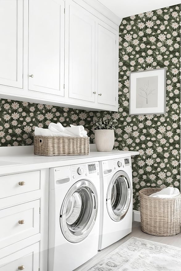 Floral Wallpaper Peel and Stick, Green Daisy Flower Removable Self Adhesive Wallpaper for Bedroom Bathroom Cabinet, 17.3‘’×78.7‘’ - Image 7