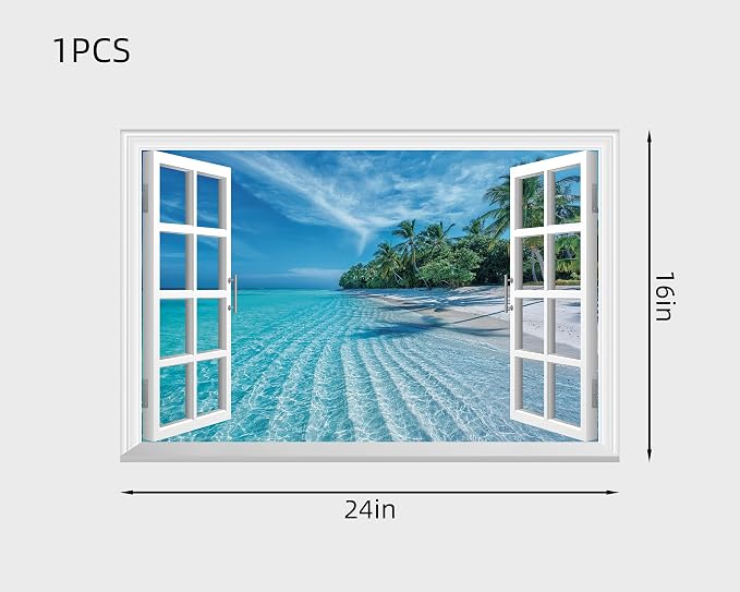 FLFK Fake Window Wall Decal - Summer Beach Faux Window Wall Mural for Wall Decor, Peel and Stick Wall Sticker,24"x16" - Image 2