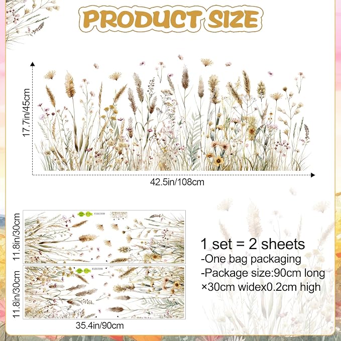 2 Pack Floral Baseboard Wall Stickers - Removable Peel & Stick Decals (3 Styles: Reeds, Flowers, Dandelions) - DIY Home Decor for Kids Girls Walls, Nursery, Classroom Wall Corner (Reeds) - Image 2