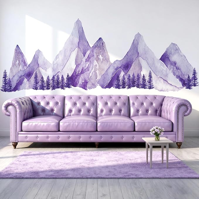 Purple Watercolor Mountain Wall Decals Peel and Stick - Scenic Mountain Pine Trees Forest, Boho Nature Landscape Vinyl Sticker for Bedroom, Nursery, Living Room - Removable Wall Mural Decor by Kingarch
