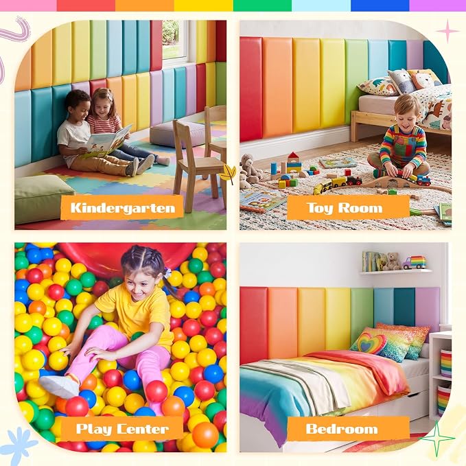 Hahafelt 8 Pack Wall Padding for Playroom Peel and Stick Headboard 19.69" x 7.87" x 1.18" 3D Anti Collision Upholstered Wall Panels Self Adhesive Headboard Panel for Protection (Rainbow Colors) - Image 6
