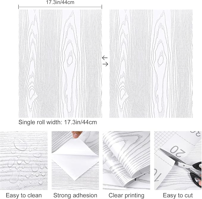 Yun-aeon White and Silver Wood Contact Paper 17.3"x120" Rustic Wooden Peel and Stick Wallpaper Removable Self-Adhesive Wallpaper Wood Grain Contact Paper for Countertops Cabinets - Image 2