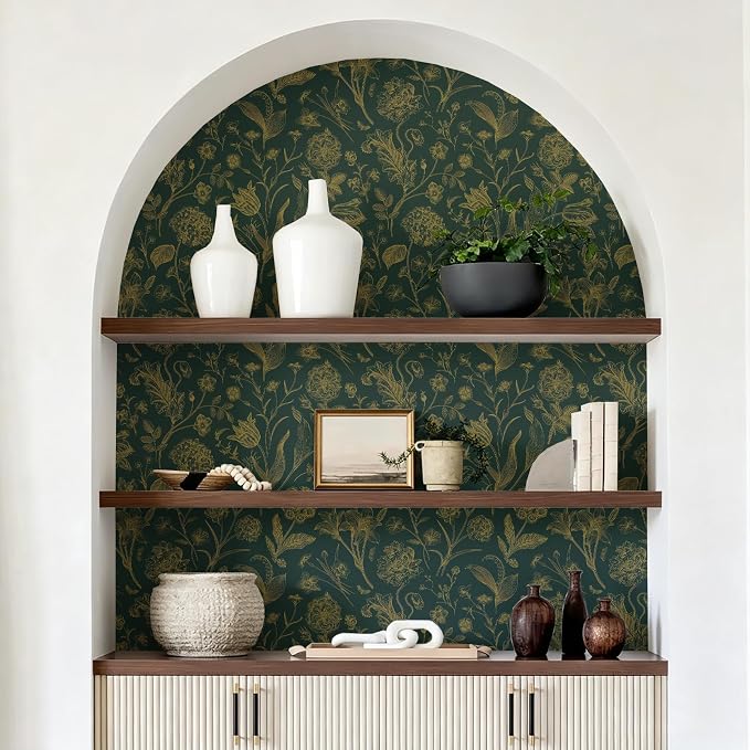 Dark Green and Gold Floral Peel and Stick Wallpaper 17in x197in | Floral Wallpaper Boho Removable Contact Paper Botanical Self Adhesive Decor Flower Wall Paper for Cabinets Bathroom - Image 4