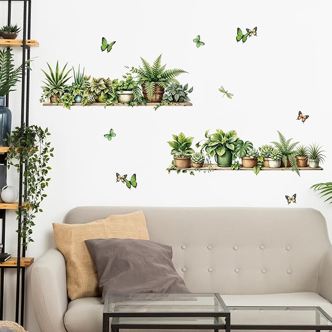 3D Green Potted Plant Wall Decals - Tropical Butterfly Leaves Vinyl Wall Stickers, Peel and Stick, Removable, Wall Art - for Living Room, Bedroom, Tv Background, Home Office, and Wall Mural - Image 3