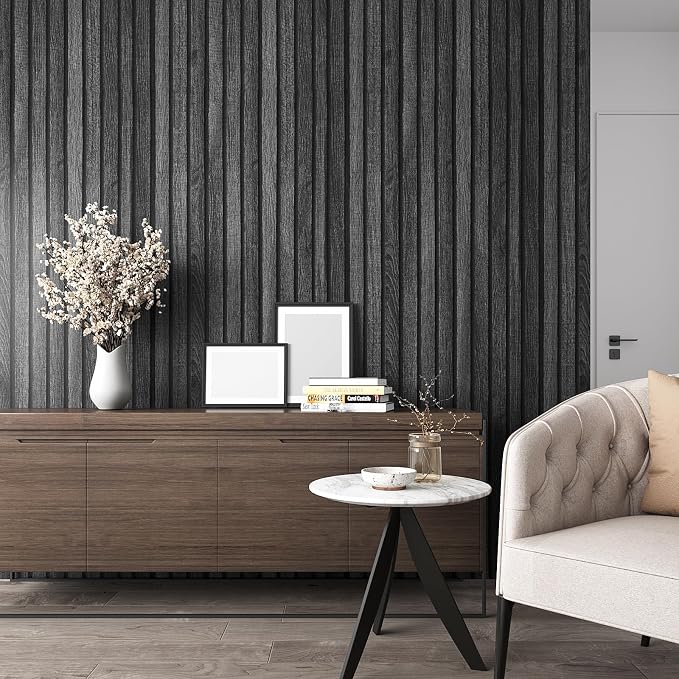 VEELIKE Charcoal Black Wood Slat Peel and Stick Wallpaper 24''x118'' Modern Wood Panel Look Contact Paper Waterproof Self Adhesive Slat Vinyl Wall Covering for Living Room Bedroom Office Accent Walls - Image 2
