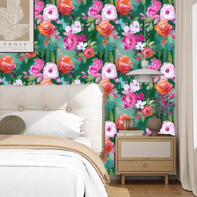 BOKEBEVE Floral Wallpaper Peel and Stick Boho Bright Green 17.5 x 118In | Removable Self Adhesive Renter Friendly Colorful Watercolor Wall Paper for Bedroom Bathroom Living Room Accent Wall - Image 4