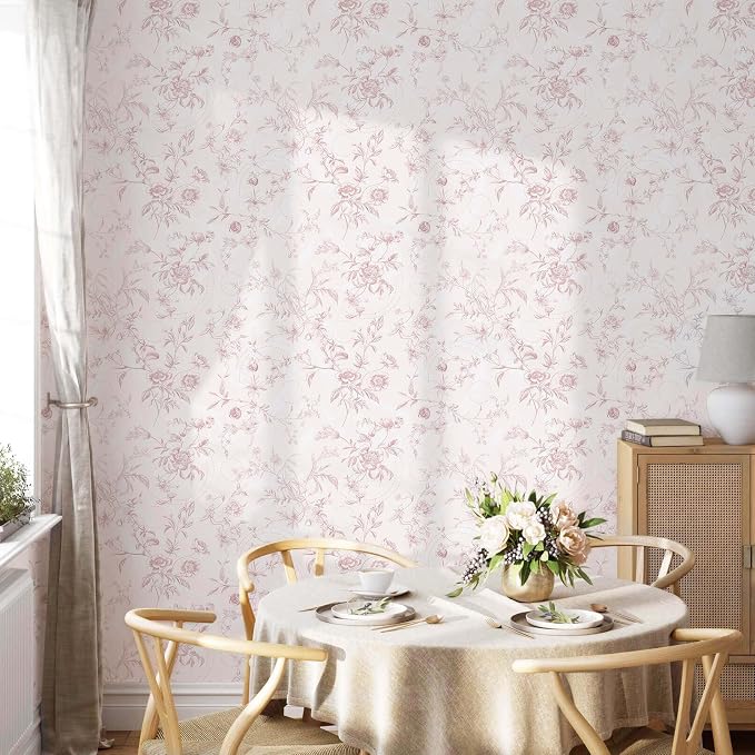 Ismoon Floral Wallpaper Peel and Stick Pink Stick on Wall Paper Vintage French Contact Paper for Cabinet Textured Removable Self Adhesive Wallpaper Vinyl Roll Shelf Deco, 17.3x787in - Image 3