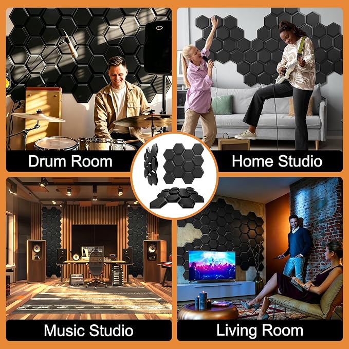 TroyStudio Hexagon Acoustic Sound Diffuser Panels, 19.7 X 19.7 X 0.9 inches 12 Pcs Black PVC Plastic 3D Wall Panel, Recording Studio Acoustical Treatment Diffusion panel, Art Decorative Ceiling Tiles - Image 5