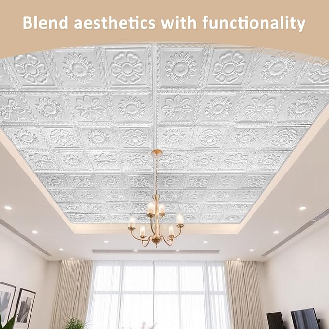 Nuanchu 20 Pcs 27.6 x 27.6 Inch Ceiling Tiles Peel and Stick, Fresh | Foam White 3D Wall Panels 26-105.5 Sq. ft Adhesive Glue up Waterproof Wallpaper for DIY Office Home - Image 7