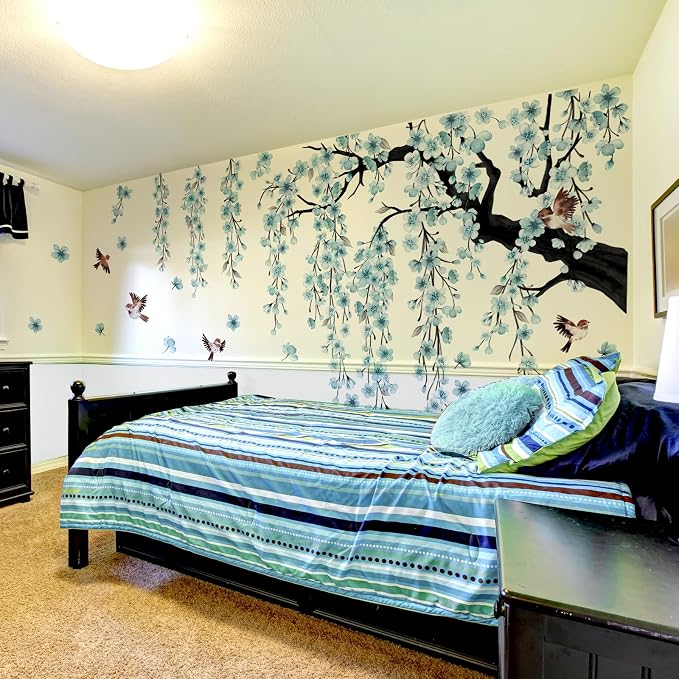 Large Flower Tree Branch Wall Decals Blue Hanging Vine Floral Wall Stickers Peel and Stick Wall Art Decals for Living Room Bedroom TV Background Girl Room Decor - Image 6