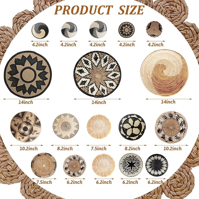 Glenmal 18 Pcs Boho Basket Wall Decals Round Wall Sticker Modern Decor Peel and Stick Decor Sticker Removable Boho Stickers Rustic Art for Bedroom Office, Stickers Only(Rustic Style) - Image 2