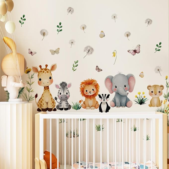 Watercolor Baby Safari Animals Wall Decal, Peel and Stick Jungle Animals Lion, Elephant Nursery Wall Stickers for Kids, Boys and Girls Room, Bedroom & Toddler Room Decor (Animal Floral Decals) - Image 4