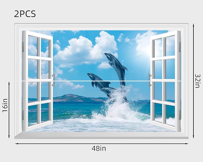 FLFK Fake Window Wall Mural - Ocean Dolphins Faux Window Wall Sticker for Wall Decor, Stick and Peel Wall Decals,48"x32",Set of 2 Sheets - Image 2