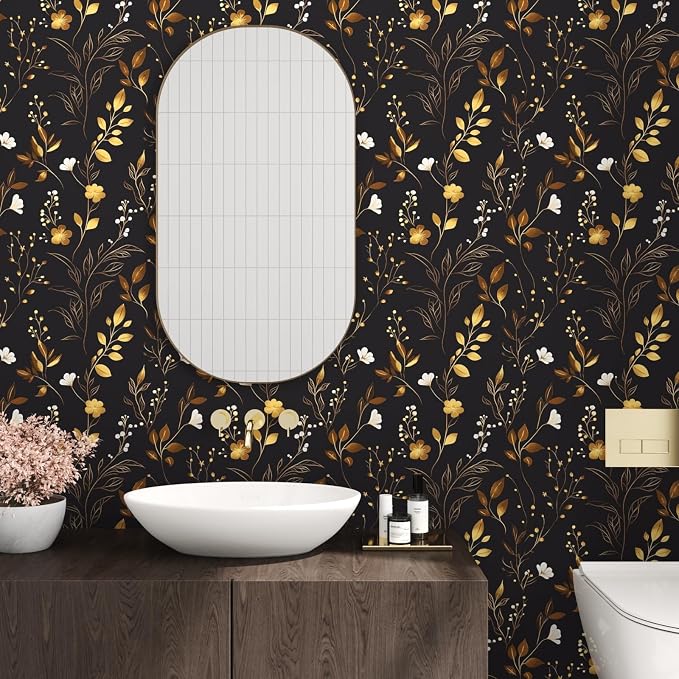 Laatse Black Floral Leaf Vintage Wallpaper Peel and Stick 17.5" × 118" | Self Adhesive/Removable/Waterproof/Thick Vinyl Contact Paper for Bathroom Bedroom Shelf Cabinet Drawer,Prepasted,Easy Peel - Image 2