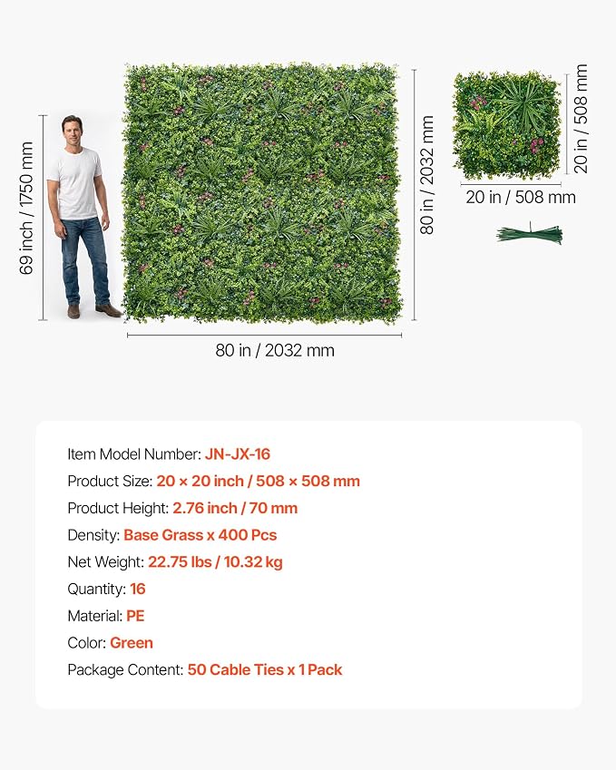 VEVOR Artificial Plant Wall, 16PCS 20 x 20 in Artificial Boxwood Panels, Greenery Backdrop Privacy Hedge Fence with Sun Protection, Fake Grass Wall Screen for Wedding, Indoor, Outdoor GardenMixed Leaf - Image 7