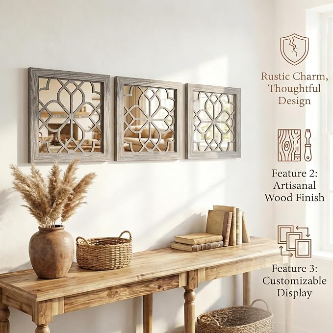 Set of 2 14 Inch Square Maroon Window Pane Wall Mirrors, Shatterproof Rustic Farmhouse Boho Vintage Accent Mirrors for Living Room Bedroom Bathroom Entryway - Image 4