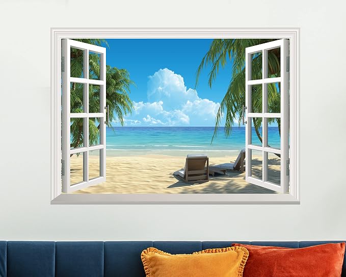 FLFK Fake Window Wall Sticker - Summer Beach Faux Window Wall Mural for Wall Decor, Stick and Peel Wall Decals,16"x24" - Image 4