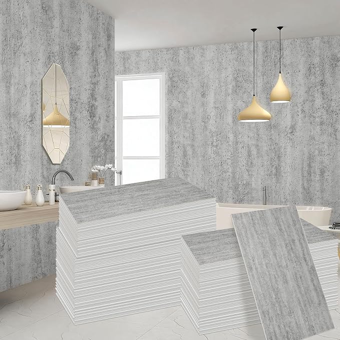50Pcs 3D Faux Stone Wall Panels 23.6"X11.8" Grey Textured Tiles Peel and Stick Wall Panels Self Adhesive Backsplash Tiles for Interior Wall Decor Living Rooms TV Walls Kitchen Bathroom - Image 2