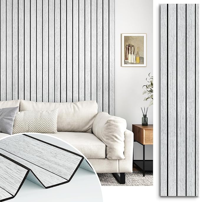 Wood Slat Panel for Interior Wall Decor Textured 3D Walls Paneling | Self Adhesive Soundproof Peel and Stick Wooden Slats Wall Panel for Bedroom Bathroom Living Room 118"x 11.8" White/Grey by STICKEEP