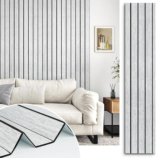 Wood Slat Panel for Interior Wall Decor Textured 3D Walls Paneling | Self Adhesive Soundproof Peel and Stick Wooden Slats Wall Panel for Bedroom Bathroom Living Room 118"x 11.8" White/Grey by STICKEEP