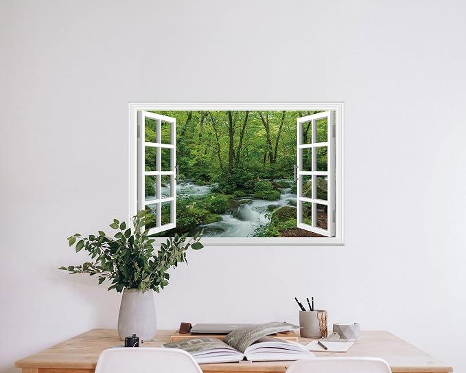 FLFK Fake Window Wall Sticker - Streams in The Jungle Faux Window Wall Mural for Wall Decor, Stick and Peel Wall Decals,24"x16" - Image 5