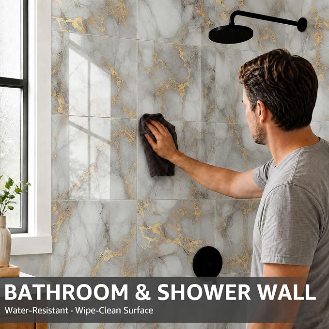 WADILE 20PC Waterproof Peel and Stick Wall Panels 11.8 x 11.8 Gold | Marble look, Self adhesive, PVC Panels, Lightweight Foam Wall Panels, Bathroom, Kitchen, Not Real Tile - Image 6