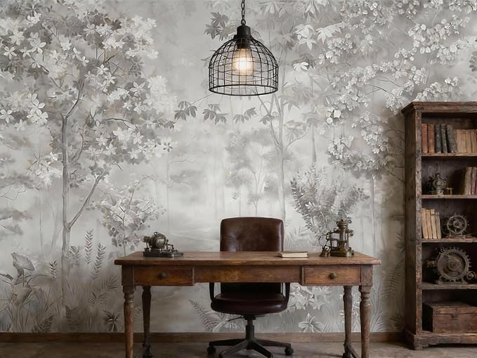 ASJ Forest Peel and Stick Wallpaper Mural, Misty Monochrome Warm Gray | Seamless edge-to-edge match. Sketch tree leaf landscape artwork, 139x94 in, premium fabric, living room bedroom. - Image 5