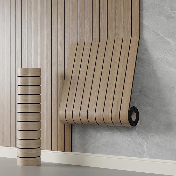 YLL YLL PVC Slat Wall Panel Peel and Stick 118"x 15.7" Faux Oak Grain Wood Slat Panel Self-Adhesive Wallpaper Soundproof 3D Wall Panels by YLLYLL