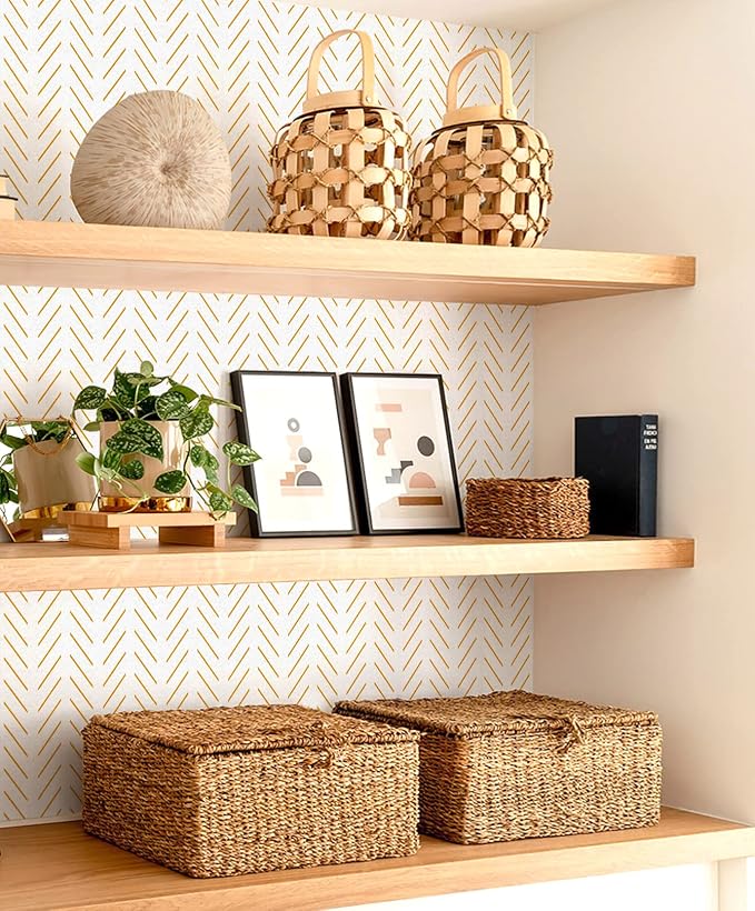 Orainege Peel and Stick Wallpaper Yellow and White Geometric Contact Paper | Self Adhesive 17.7 in x118.1 in Herringbone Wallpaper Peel and Stick Wall paper for Bedroom Bathroom Modern Lines Decorative - Image 6