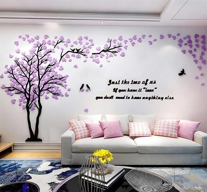 Family Tree Wall Decor Decals - DIY 3D Tree of Life Wall Art Large Decal Stickers Silver Decor Living Room Mural for Bedroom Hallway Home TV Background (Purple Left,L-118X60in) - Image 2
