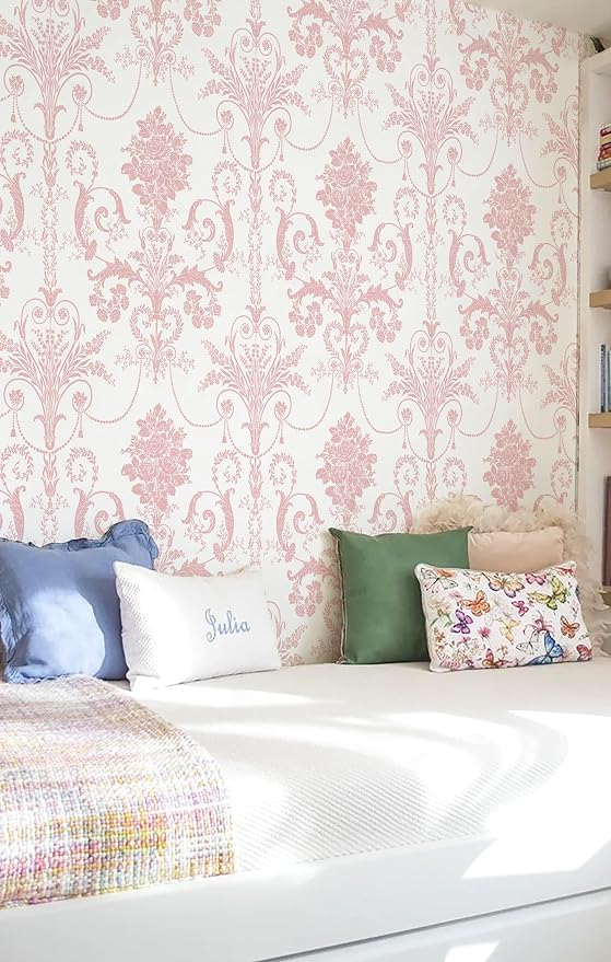 Damask Floral Peel and Stick Wallpaper Boho Pink and White Contact Paper | 17.3" X 197" Pink Damascus Decorative Wallpaper DIY Removable Self Adhesive Wallpaper for Bedroom Cabinets Covering Vinyl - Image 7