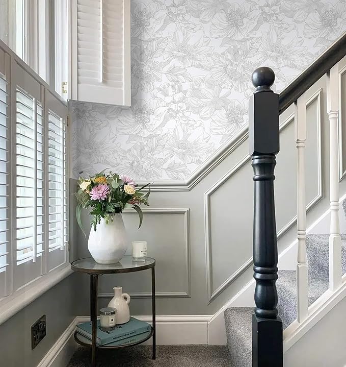 Ismoon Large Floral Peel and Stick Wallpaper Boho White/Grey Contact Paper 17.3inx6.5ft Removable Self Adhesive Bedroom Cabinet Mural Wall Decor Vinyl Roll - Image 8