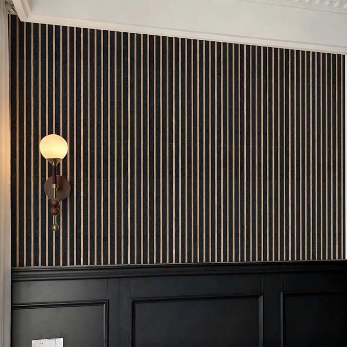 Dark Vertical Slat Panel Peel and Stick Wallpaper Self Adhesive 17.72" x 118.12'' Wood Grating Stripe Minimalist Stripe Wall Paper Renter Friendly Removable Waterproof for Living Room Bedroom - Image 3