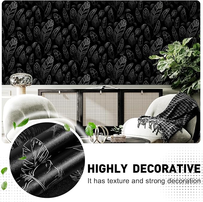 Black Peel and Stick Wallpaper 17.7"x80" Feather Wallpaper Removable Modern Vinyl Wall Paper Waterproof Contact Paper for Bedroom Living Room - Image 3