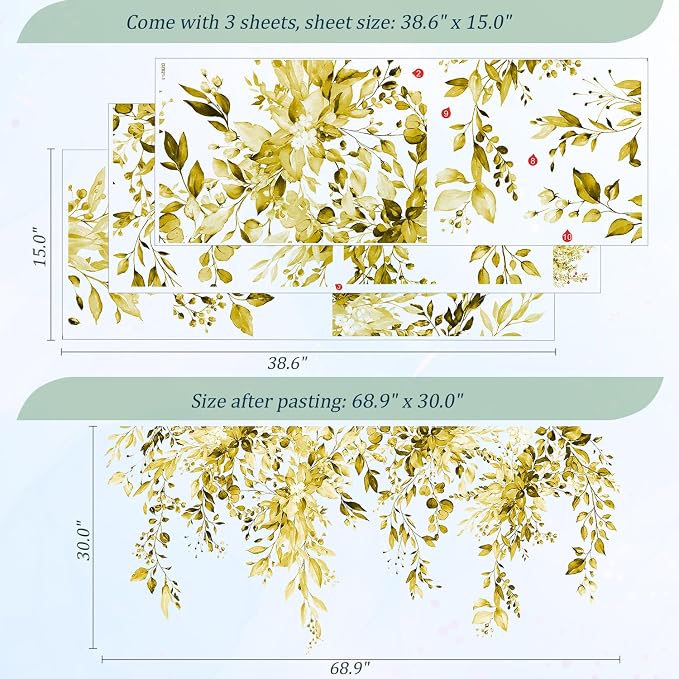 Yellow Plants Leaves Wall Decals Peel and Stick, Large Floral Flowers Vinyl Wall Stickers, Removable Vine Home Decor Art for Bedroom Living Room Classroom Office - Image 2